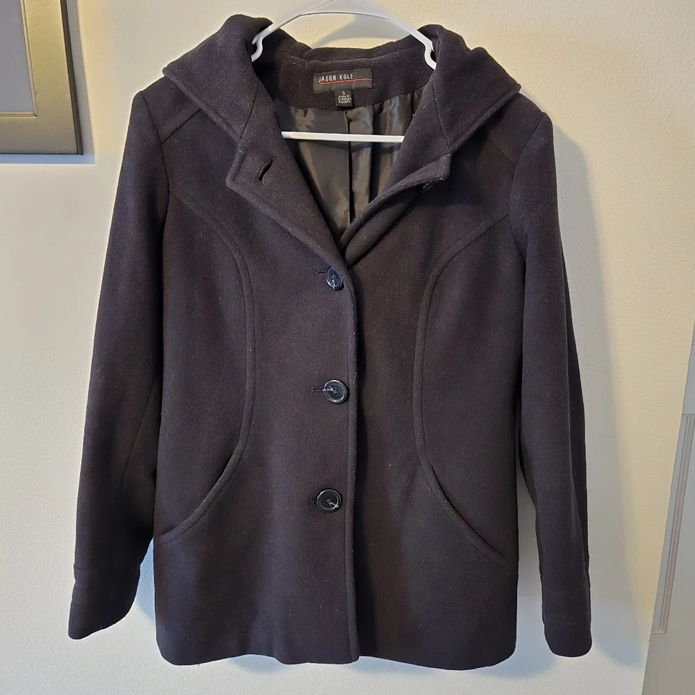 Jason Cole short hooded peacoat, size small, euc